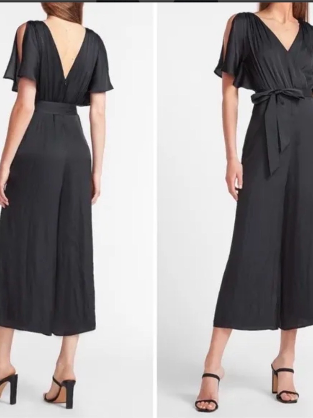 Express Black Satin Flutter Sleeve Wide Leg Jumpsuit
